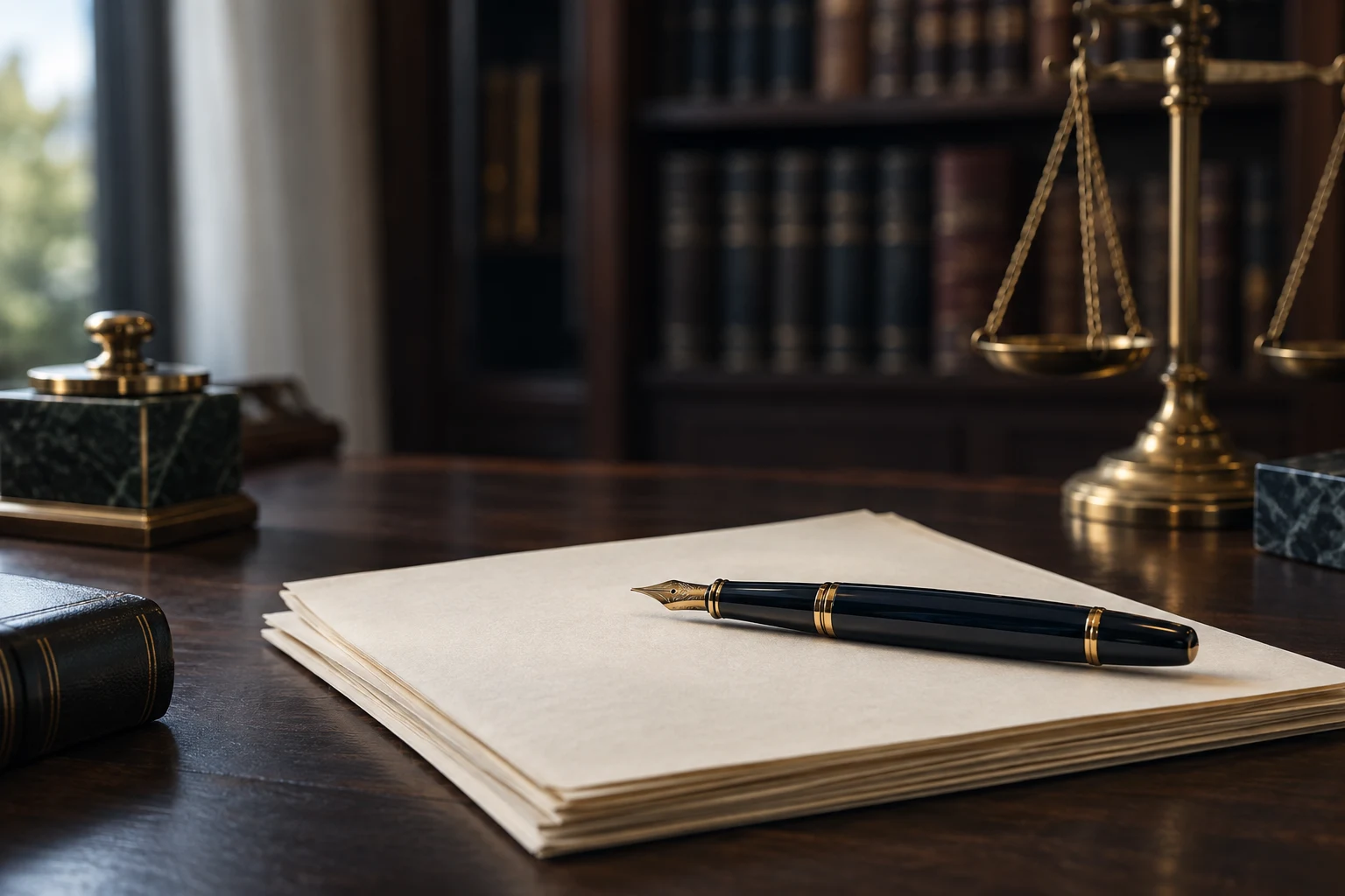 Stilografica e documenti su una scrivania, con bilancia in ottone